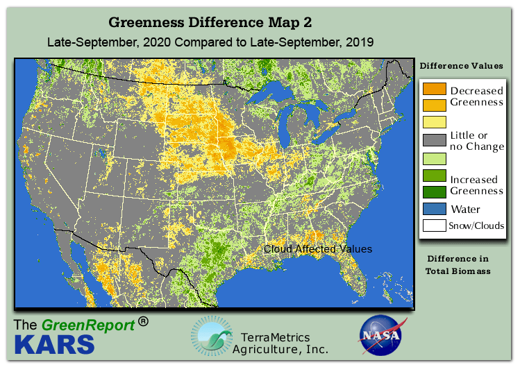Color-coded U.S. vegetation greeness index map for Period 39 of 2020, illustrating spatial variations in plant vigor, with greener tones indicating higher biomass and browner tones indicating stressed vegetation,
              comparing current crop/vegetation change in biomass to same period from the previous year.