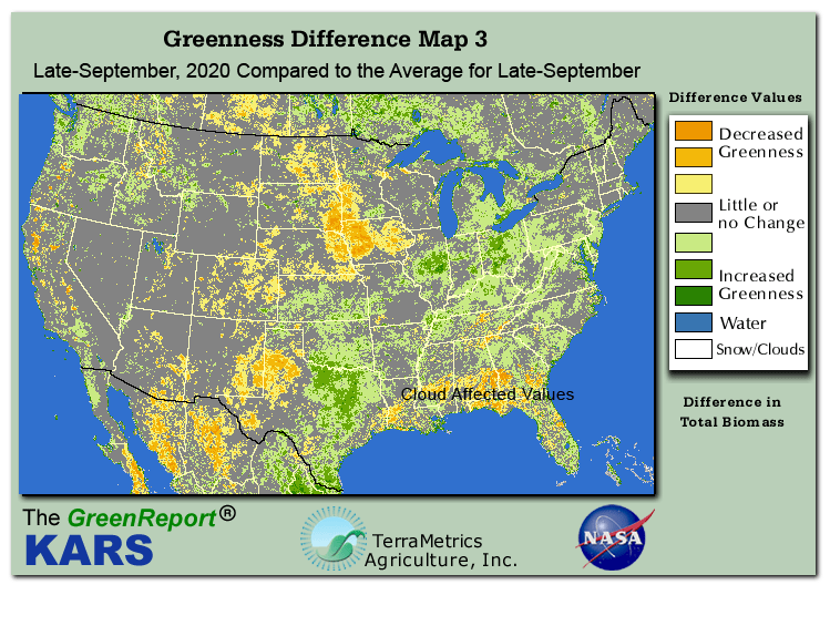 Color-coded U.S. vegetation greeness index map for Period 39 of 2020, illustrating spatial variations in plant vigor, with greener tones indicating higher biomass and browner tones indicating stressed vegetation,
              comparing current crop/vegetation change in biomass to the 20-year greenness average.