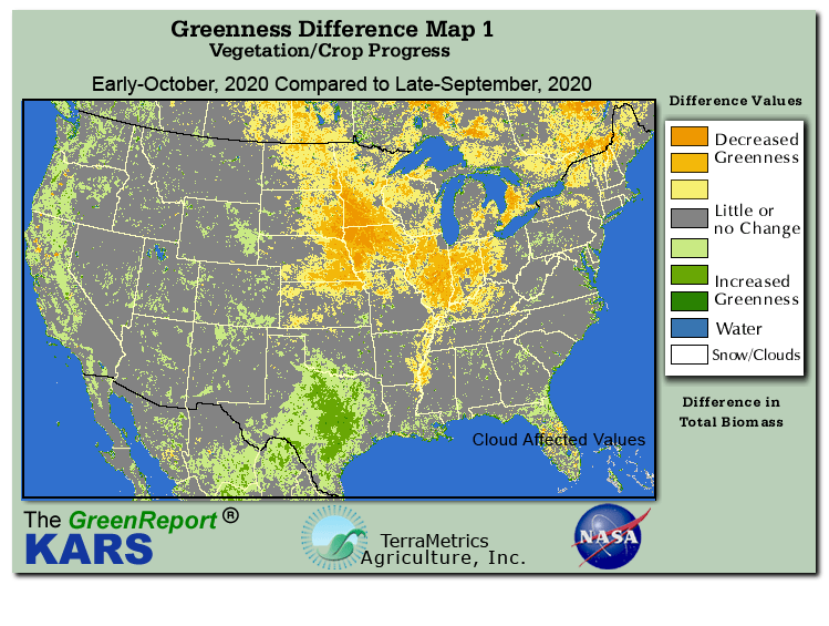 Color-coded U.S. vegetation greeness index map for Period 40 of 2020, illustrating spatial variations in plant vigor, with greener tones indicating higher biomass and browner tones indicating stressed vegetation,
              comparing current crop/vegetation change in biomass to the previous week within the same year.