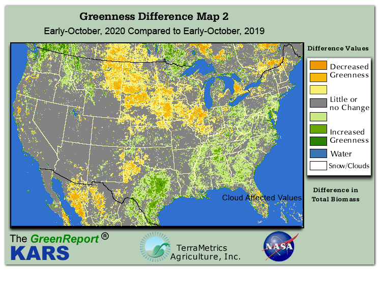 Color-coded U.S. vegetation greeness index map for Period 40 of 2020, illustrating spatial variations in plant vigor, with greener tones indicating higher biomass and browner tones indicating stressed vegetation,
              comparing current crop/vegetation change in biomass to same period from the previous year.