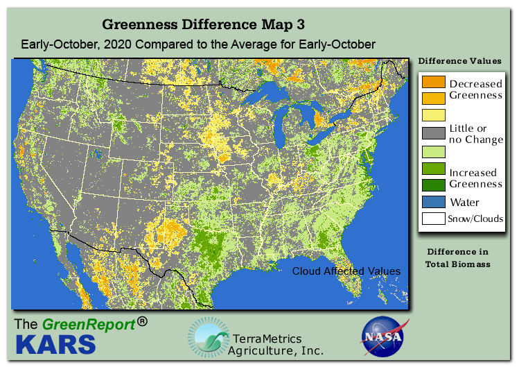 Color-coded U.S. vegetation greeness index map for Period 40 of 2020, illustrating spatial variations in plant vigor, with greener tones indicating higher biomass and browner tones indicating stressed vegetation,
              comparing current crop/vegetation change in biomass to the 20-year greenness average.