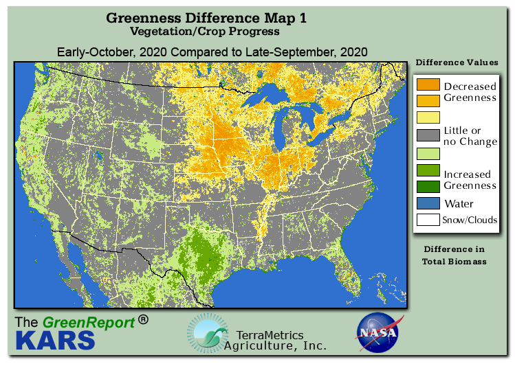 Color-coded U.S. vegetation greeness index map for Period 41 of 2020, illustrating spatial variations in plant vigor, with greener tones indicating higher biomass and browner tones indicating stressed vegetation,
              comparing current crop/vegetation change in biomass to the previous week within the same year.
