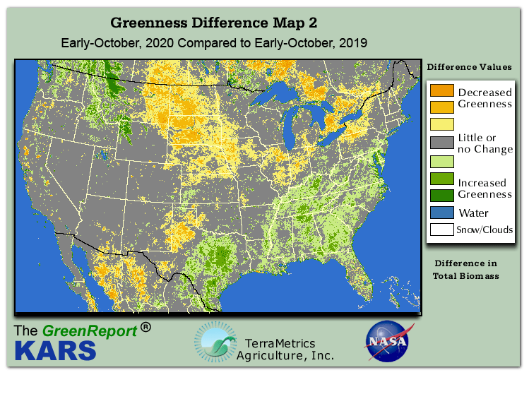 Color-coded U.S. vegetation greeness index map for Period 41 of 2020, illustrating spatial variations in plant vigor, with greener tones indicating higher biomass and browner tones indicating stressed vegetation,
              comparing current crop/vegetation change in biomass to same period from the previous year.