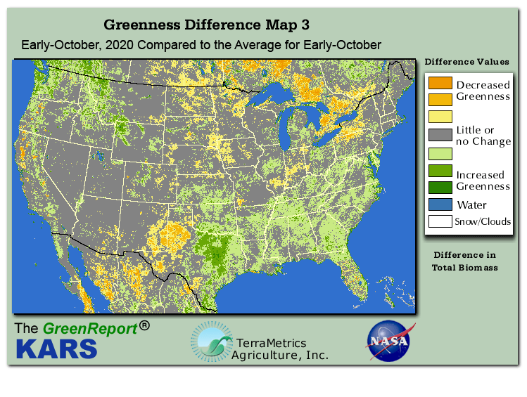 Color-coded U.S. vegetation greeness index map for Period 41 of 2020, illustrating spatial variations in plant vigor, with greener tones indicating higher biomass and browner tones indicating stressed vegetation,
              comparing current crop/vegetation change in biomass to the 20-year greenness average.