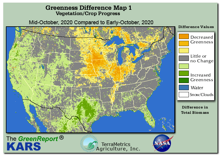 Color-coded U.S. vegetation greeness index map for Period 42 of 2020, illustrating spatial variations in plant vigor, with greener tones indicating higher biomass and browner tones indicating stressed vegetation,
              comparing current crop/vegetation change in biomass to the previous week within the same year.