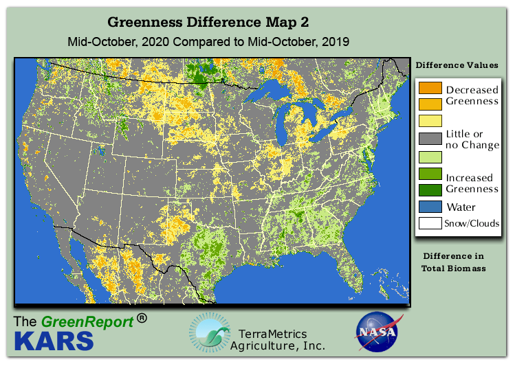 Color-coded U.S. vegetation greeness index map for Period 42 of 2020, illustrating spatial variations in plant vigor, with greener tones indicating higher biomass and browner tones indicating stressed vegetation,
              comparing current crop/vegetation change in biomass to same period from the previous year.