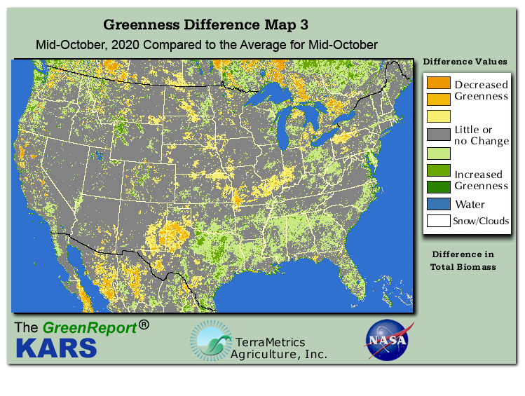 Color-coded U.S. vegetation greeness index map for Period 42 of 2020, illustrating spatial variations in plant vigor, with greener tones indicating higher biomass and browner tones indicating stressed vegetation,
              comparing current crop/vegetation change in biomass to the 20-year greenness average.
