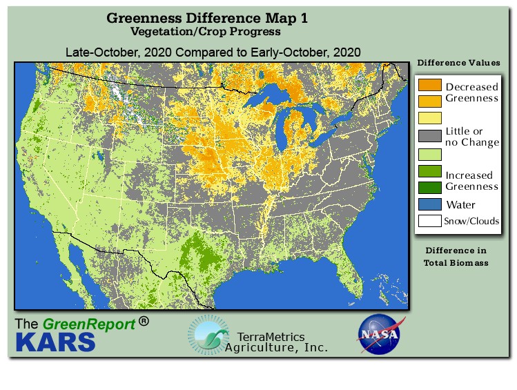 Color-coded U.S. vegetation greeness index map for Period 43 of 2020, illustrating spatial variations in plant vigor, with greener tones indicating higher biomass and browner tones indicating stressed vegetation,
              comparing current crop/vegetation change in biomass to the previous week within the same year.