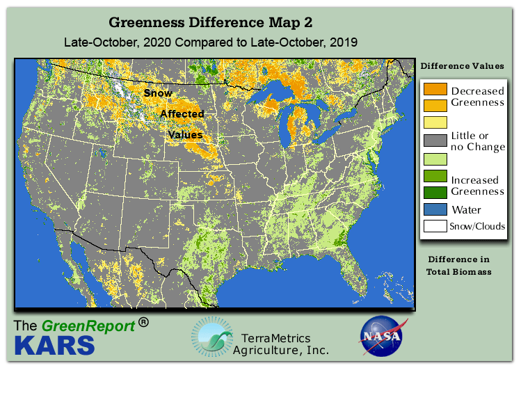 Color-coded U.S. vegetation greeness index map for Period 43 of 2020, illustrating spatial variations in plant vigor, with greener tones indicating higher biomass and browner tones indicating stressed vegetation,
              comparing current crop/vegetation change in biomass to same period from the previous year.