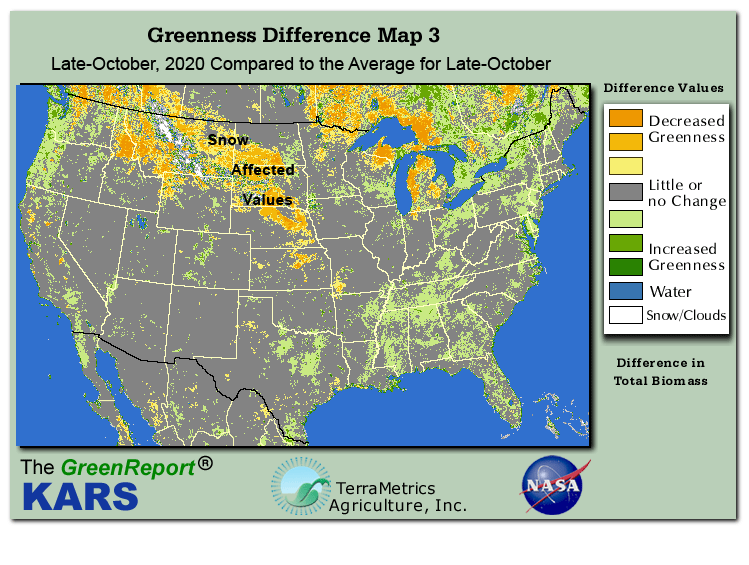 Color-coded U.S. vegetation greeness index map for Period 43 of 2020, illustrating spatial variations in plant vigor, with greener tones indicating higher biomass and browner tones indicating stressed vegetation,
              comparing current crop/vegetation change in biomass to the 20-year greenness average.