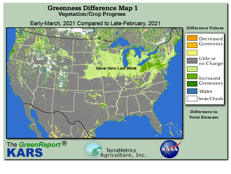 Color-coded U.S. vegetation greeness index map for Period 11 of 2021, illustrating spatial variations in plant vigor, with greener tones indicating higher biomass and browner tones indicating stressed vegetation,
              comparing current crop/vegetation change in biomass to the previous week within the same year.