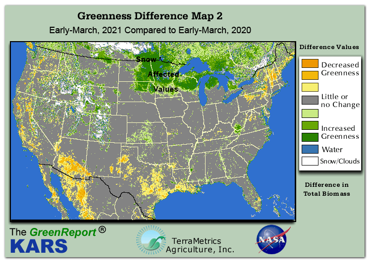 Color-coded U.S. vegetation greeness index map for Period 11 of 2021, illustrating spatial variations in plant vigor, with greener tones indicating higher biomass and browner tones indicating stressed vegetation,
              comparing current crop/vegetation change in biomass to same period from the previous year.