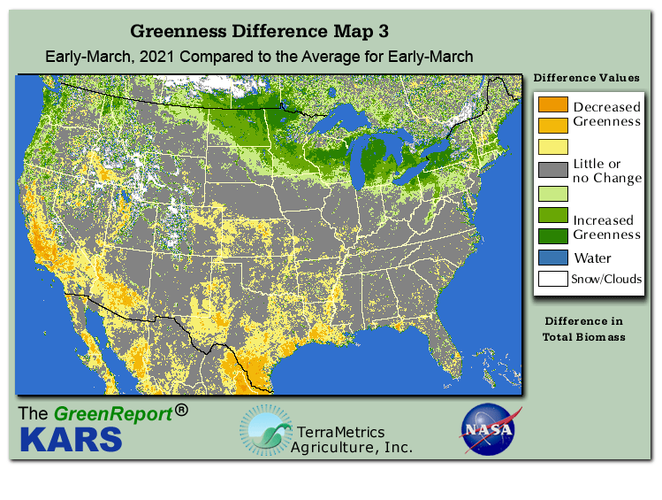Color-coded U.S. vegetation greeness index map for Period 11 of 2021, illustrating spatial variations in plant vigor, with greener tones indicating higher biomass and browner tones indicating stressed vegetation,
              comparing current crop/vegetation change in biomass to the 20-year greenness average.