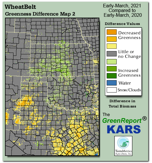 Color-coded Wheat Belt vegetation greeness index map for Period 11 of 2021, illustrating spatial variations in plant vigor, with greener tones indicating higher biomass and browner tones indicating stressed vegetation,
              comparing current crop/vegetation change in biomass to same period from the previous year.