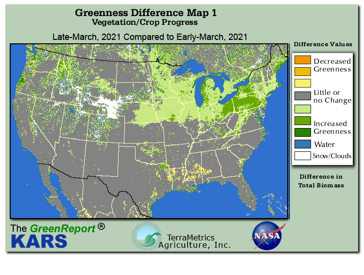 Color-coded U.S. vegetation greeness index map for Period 12 of 2021, illustrating spatial variations in plant vigor, with greener tones indicating higher biomass and browner tones indicating stressed vegetation,
              comparing current crop/vegetation change in biomass to the previous week within the same year.