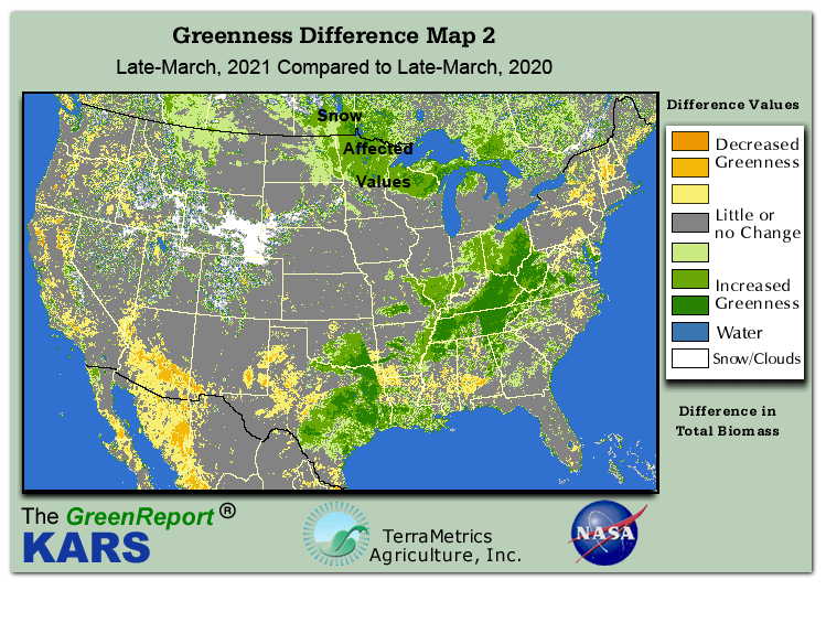 Color-coded U.S. vegetation greeness index map for Period 12 of 2021, illustrating spatial variations in plant vigor, with greener tones indicating higher biomass and browner tones indicating stressed vegetation,
              comparing current crop/vegetation change in biomass to same period from the previous year.