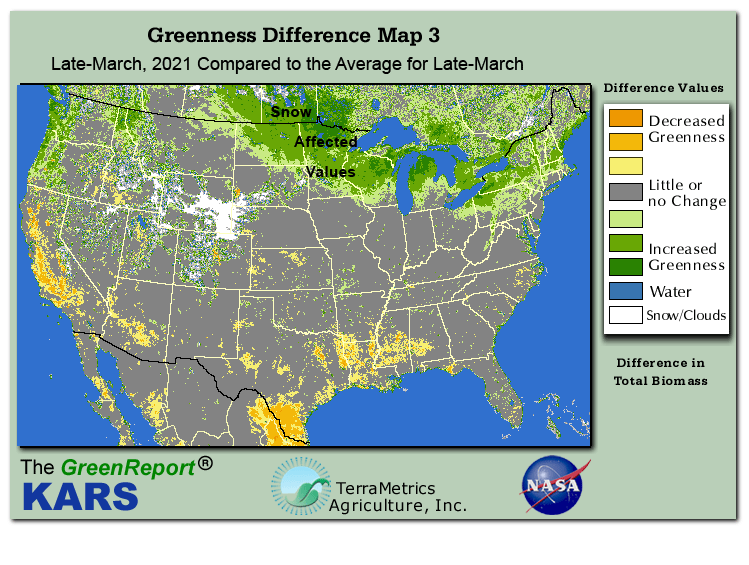 Color-coded U.S. vegetation greeness index map for Period 12 of 2021, illustrating spatial variations in plant vigor, with greener tones indicating higher biomass and browner tones indicating stressed vegetation,
              comparing current crop/vegetation change in biomass to the 20-year greenness average.