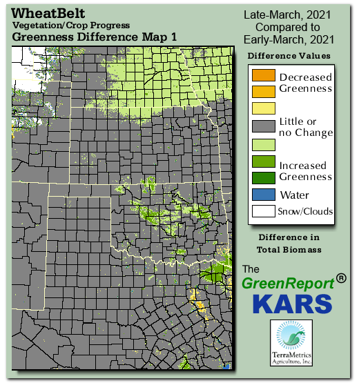 Color-coded Wheat Belt vegetation greeness index map for Period 12 of 2021, illustrating spatial variations in plant vigor, with greener tones indicating higher biomass and browner tones indicating stressed vegetation,
              comparing current crop/vegetation change in biomass to the previous week within the same year.