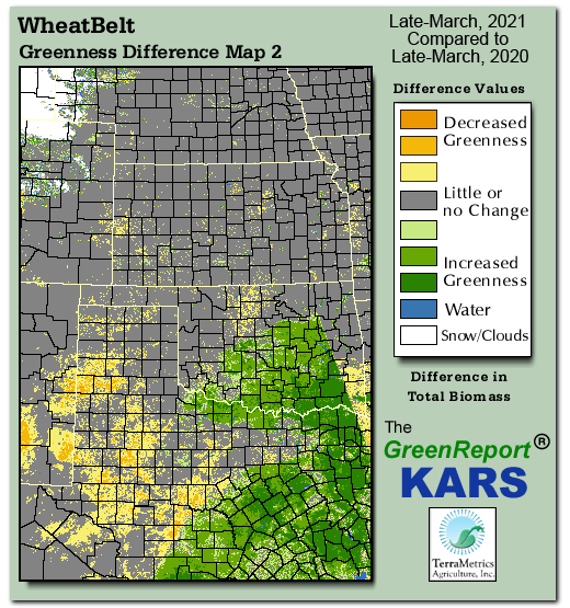 Color-coded Wheat Belt vegetation greeness index map for Period 12 of 2021, illustrating spatial variations in plant vigor, with greener tones indicating higher biomass and browner tones indicating stressed vegetation,
              comparing current crop/vegetation change in biomass to same period from the previous year.