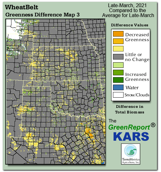 Color-coded Wheat Belt vegetation greeness index map for Period 12 of 2021, illustrating spatial variations in plant vigor, with greener tones indicating higher biomass and browner tones indicating stressed vegetation,
              comparing current crop/vegetation change in biomass to the 20-year greenness average.