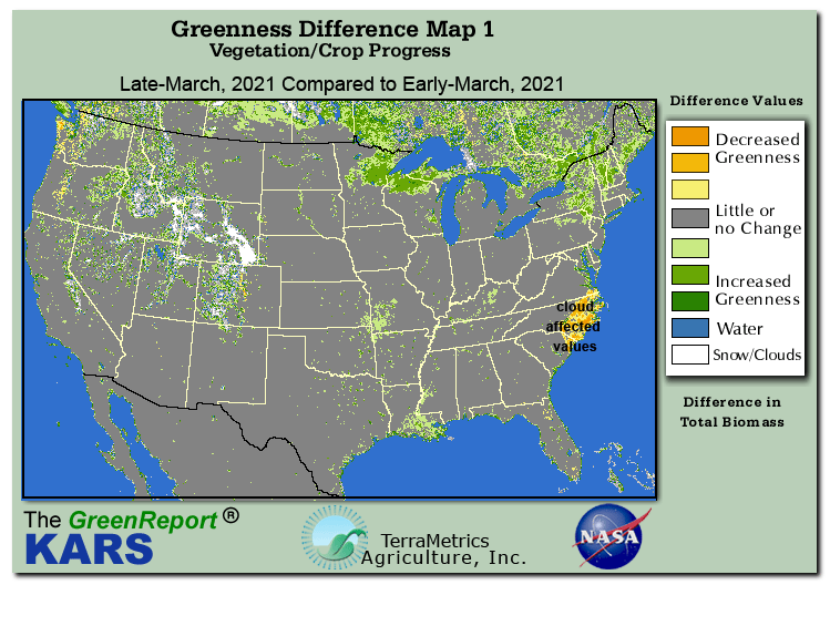 Color-coded U.S. vegetation greeness index map for Period 13 of 2021, illustrating spatial variations in plant vigor, with greener tones indicating higher biomass and browner tones indicating stressed vegetation,
              comparing current crop/vegetation change in biomass to the previous week within the same year.