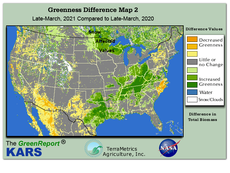 Color-coded U.S. vegetation greeness index map for Period 13 of 2021, illustrating spatial variations in plant vigor, with greener tones indicating higher biomass and browner tones indicating stressed vegetation,
              comparing current crop/vegetation change in biomass to same period from the previous year.