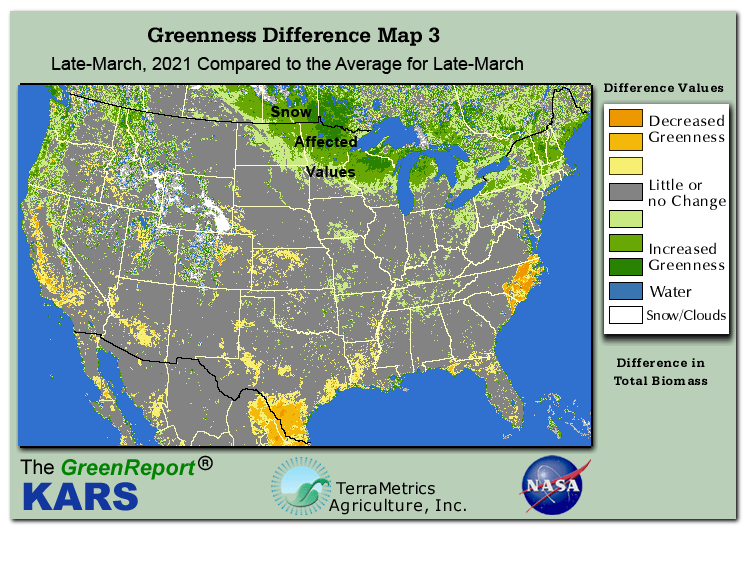Color-coded U.S. vegetation greeness index map for Period 13 of 2021, illustrating spatial variations in plant vigor, with greener tones indicating higher biomass and browner tones indicating stressed vegetation,
              comparing current crop/vegetation change in biomass to the 20-year greenness average.
