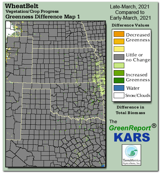 Color-coded Wheat Belt vegetation greeness index map for Period 13 of 2021, illustrating spatial variations in plant vigor, with greener tones indicating higher biomass and browner tones indicating stressed vegetation,
              comparing current crop/vegetation change in biomass to the previous week within the same year.