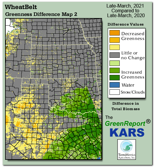 Color-coded Wheat Belt vegetation greeness index map for Period 13 of 2021, illustrating spatial variations in plant vigor, with greener tones indicating higher biomass and browner tones indicating stressed vegetation,
              comparing current crop/vegetation change in biomass to same period from the previous year.