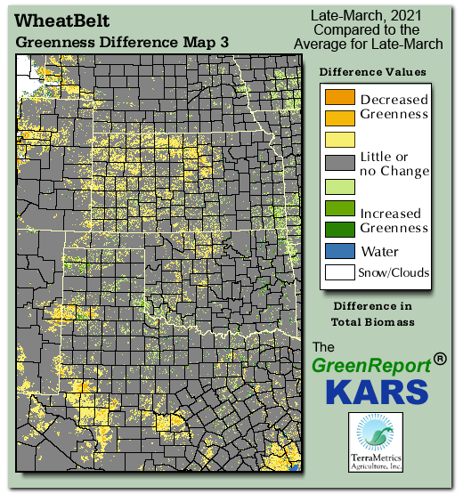Color-coded Wheat Belt vegetation greeness index map for Period 13 of 2021, illustrating spatial variations in plant vigor, with greener tones indicating higher biomass and browner tones indicating stressed vegetation,
              comparing current crop/vegetation change in biomass to the 20-year greenness average.