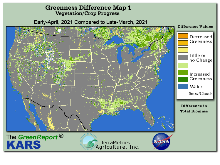 Color-coded U.S. vegetation greeness index map for Period 14 of 2021, illustrating spatial variations in plant vigor, with greener tones indicating higher biomass and browner tones indicating stressed vegetation,
              comparing current crop/vegetation change in biomass to the previous week within the same year.