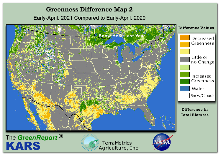 Color-coded U.S. vegetation greeness index map for Period 14 of 2021, illustrating spatial variations in plant vigor, with greener tones indicating higher biomass and browner tones indicating stressed vegetation,
              comparing current crop/vegetation change in biomass to same period from the previous year.