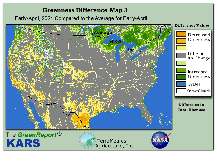 Color-coded U.S. vegetation greeness index map for Period 14 of 2021, illustrating spatial variations in plant vigor, with greener tones indicating higher biomass and browner tones indicating stressed vegetation,
              comparing current crop/vegetation change in biomass to the 20-year greenness average.