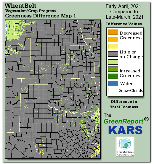 Color-coded Wheat Belt vegetation greeness index map for Period 14 of 2021, illustrating spatial variations in plant vigor, with greener tones indicating higher biomass and browner tones indicating stressed vegetation,
              comparing current crop/vegetation change in biomass to the previous week within the same year.