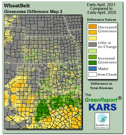 Color-coded Wheat Belt vegetation greeness index map for Period 14 of 2021, illustrating spatial variations in plant vigor, with greener tones indicating higher biomass and browner tones indicating stressed vegetation,
              comparing current crop/vegetation change in biomass to same period from the previous year.