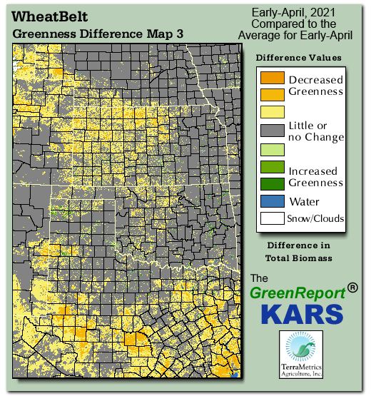 Color-coded Wheat Belt vegetation greeness index map for Period 14 of 2021, illustrating spatial variations in plant vigor, with greener tones indicating higher biomass and browner tones indicating stressed vegetation,
              comparing current crop/vegetation change in biomass to the 20-year greenness average.