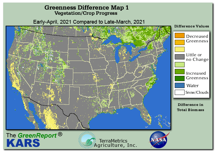 Color-coded U.S. vegetation greeness index map for Period 15 of 2021, illustrating spatial variations in plant vigor, with greener tones indicating higher biomass and browner tones indicating stressed vegetation,
              comparing current crop/vegetation change in biomass to the previous week within the same year.
