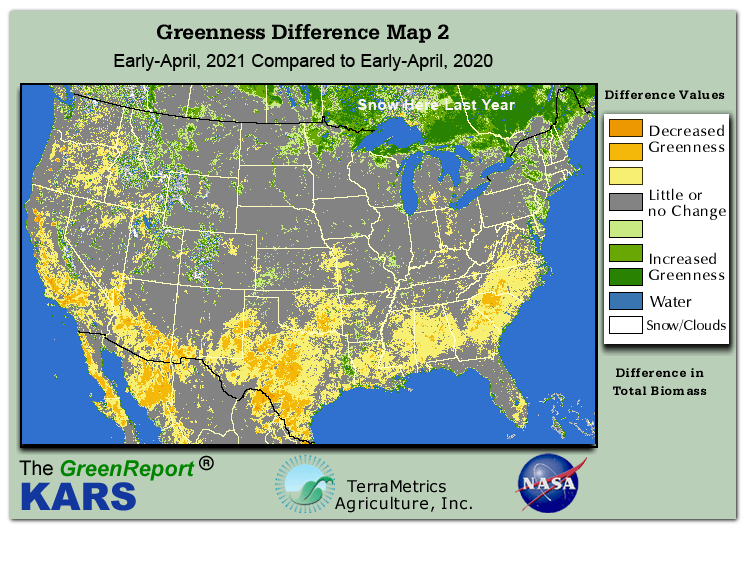Color-coded U.S. vegetation greeness index map for Period 15 of 2021, illustrating spatial variations in plant vigor, with greener tones indicating higher biomass and browner tones indicating stressed vegetation,
              comparing current crop/vegetation change in biomass to same period from the previous year.