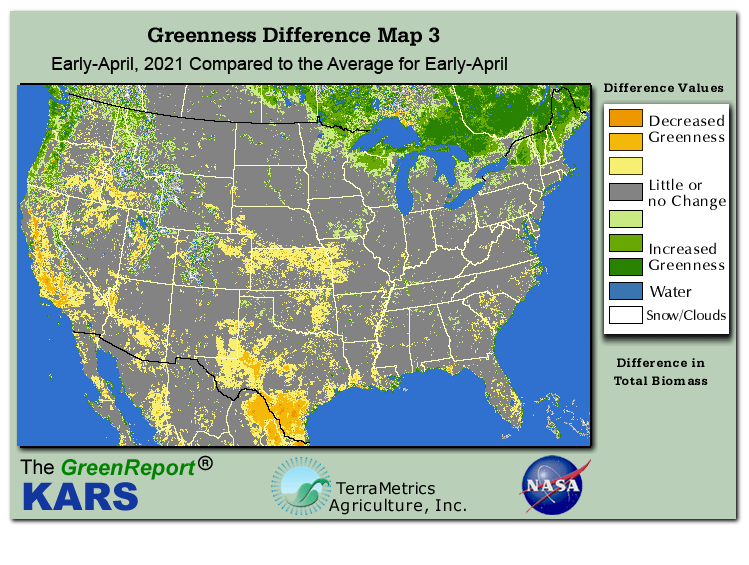 Color-coded U.S. vegetation greeness index map for Period 15 of 2021, illustrating spatial variations in plant vigor, with greener tones indicating higher biomass and browner tones indicating stressed vegetation,
              comparing current crop/vegetation change in biomass to the 20-year greenness average.