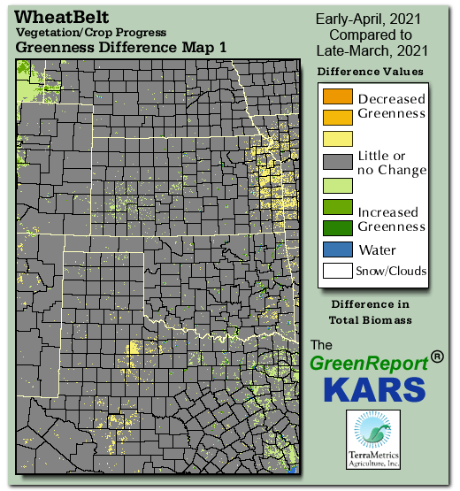 Color-coded Wheat Belt vegetation greeness index map for Period 15 of 2021, illustrating spatial variations in plant vigor, with greener tones indicating higher biomass and browner tones indicating stressed vegetation,
              comparing current crop/vegetation change in biomass to the previous week within the same year.