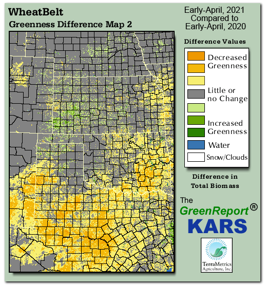 Color-coded Wheat Belt vegetation greeness index map for Period 15 of 2021, illustrating spatial variations in plant vigor, with greener tones indicating higher biomass and browner tones indicating stressed vegetation,
              comparing current crop/vegetation change in biomass to same period from the previous year.