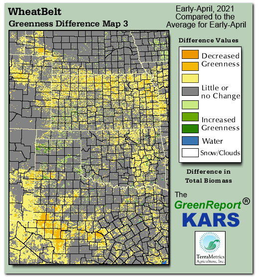 Color-coded Wheat Belt vegetation greeness index map for Period 15 of 2021, illustrating spatial variations in plant vigor, with greener tones indicating higher biomass and browner tones indicating stressed vegetation,
              comparing current crop/vegetation change in biomass to the 20-year greenness average.