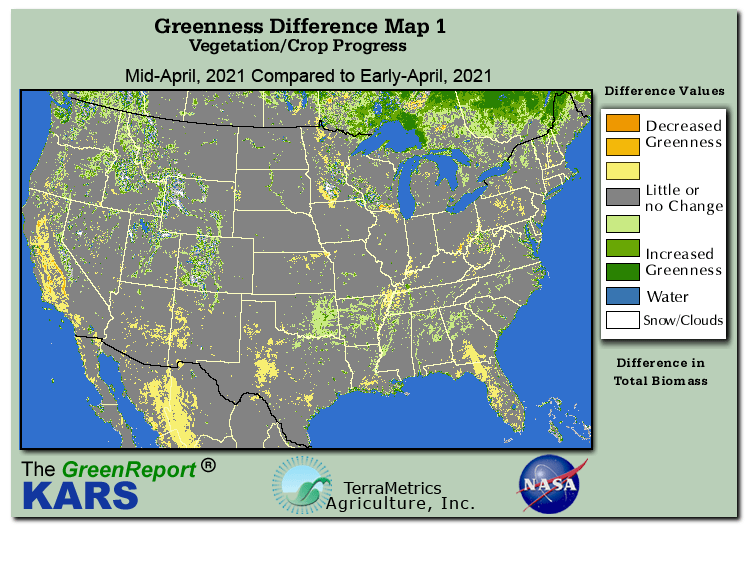 Color-coded U.S. vegetation greeness index map for Period 16 of 2021, illustrating spatial variations in plant vigor, with greener tones indicating higher biomass and browner tones indicating stressed vegetation,
              comparing current crop/vegetation change in biomass to the previous week within the same year.