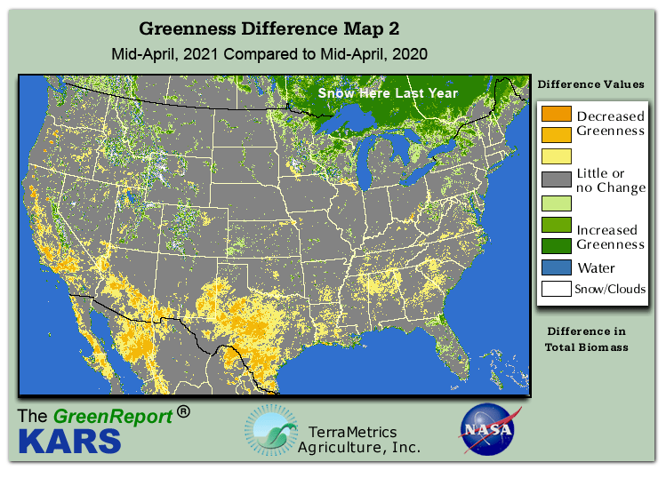 Color-coded U.S. vegetation greeness index map for Period 16 of 2021, illustrating spatial variations in plant vigor, with greener tones indicating higher biomass and browner tones indicating stressed vegetation,
              comparing current crop/vegetation change in biomass to same period from the previous year.