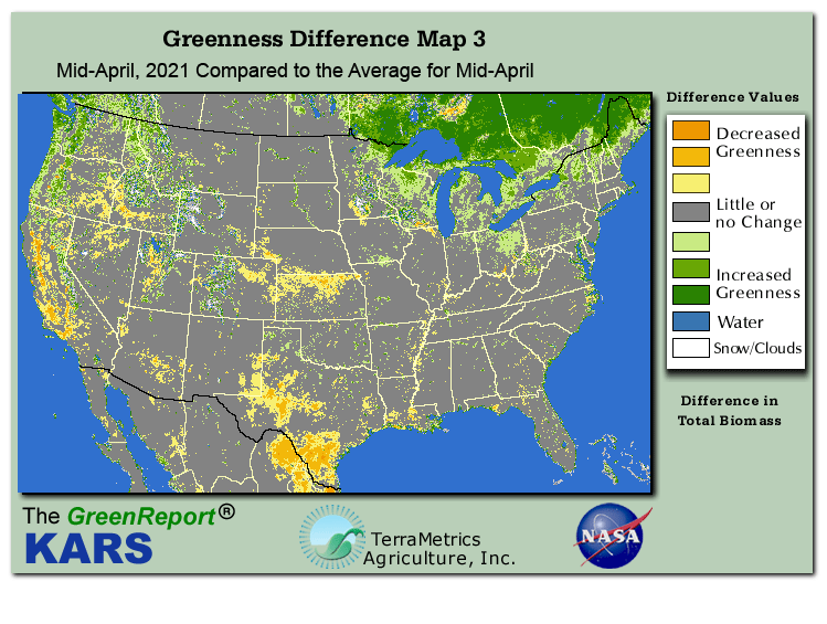 Color-coded U.S. vegetation greeness index map for Period 16 of 2021, illustrating spatial variations in plant vigor, with greener tones indicating higher biomass and browner tones indicating stressed vegetation,
              comparing current crop/vegetation change in biomass to the 20-year greenness average.