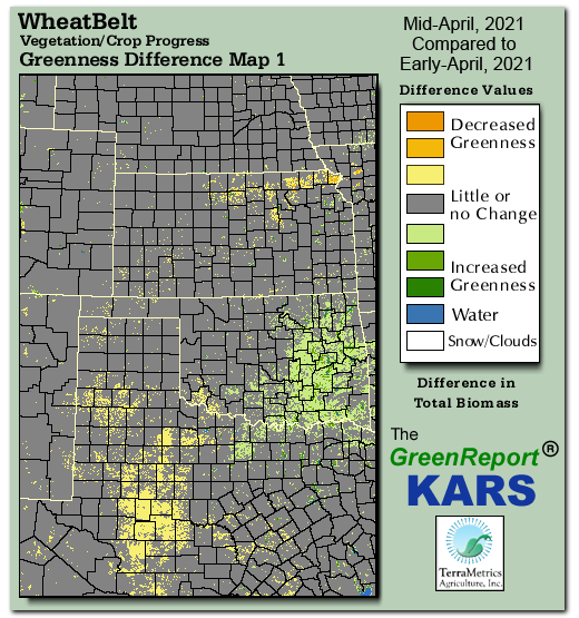 Color-coded Wheat Belt vegetation greeness index map for Period 16 of 2021, illustrating spatial variations in plant vigor, with greener tones indicating higher biomass and browner tones indicating stressed vegetation,
              comparing current crop/vegetation change in biomass to the previous week within the same year.