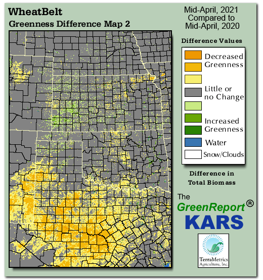 Color-coded Wheat Belt vegetation greeness index map for Period 16 of 2021, illustrating spatial variations in plant vigor, with greener tones indicating higher biomass and browner tones indicating stressed vegetation,
              comparing current crop/vegetation change in biomass to same period from the previous year.