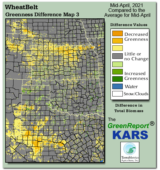 Color-coded Wheat Belt vegetation greeness index map for Period 16 of 2021, illustrating spatial variations in plant vigor, with greener tones indicating higher biomass and browner tones indicating stressed vegetation,
              comparing current crop/vegetation change in biomass to the 20-year greenness average.