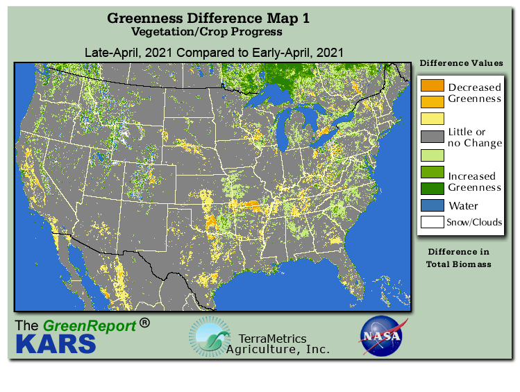 Color-coded U.S. vegetation greeness index map for Period 17 of 2021, illustrating spatial variations in plant vigor, with greener tones indicating higher biomass and browner tones indicating stressed vegetation,
              comparing current crop/vegetation change in biomass to the previous week within the same year.