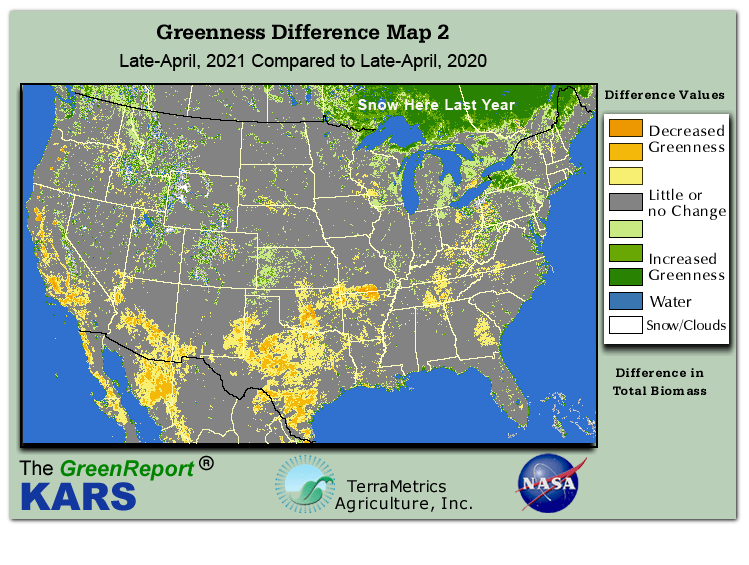 Color-coded U.S. vegetation greeness index map for Period 17 of 2021, illustrating spatial variations in plant vigor, with greener tones indicating higher biomass and browner tones indicating stressed vegetation,
              comparing current crop/vegetation change in biomass to same period from the previous year.